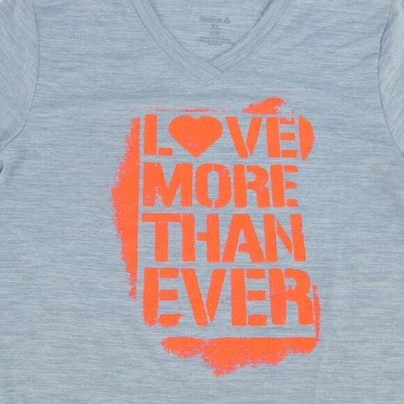 Reebok Girls T-Shirt Gray Love More Than Ever Sport Short Sleeve V-neck Workout - Picture 2 of 6